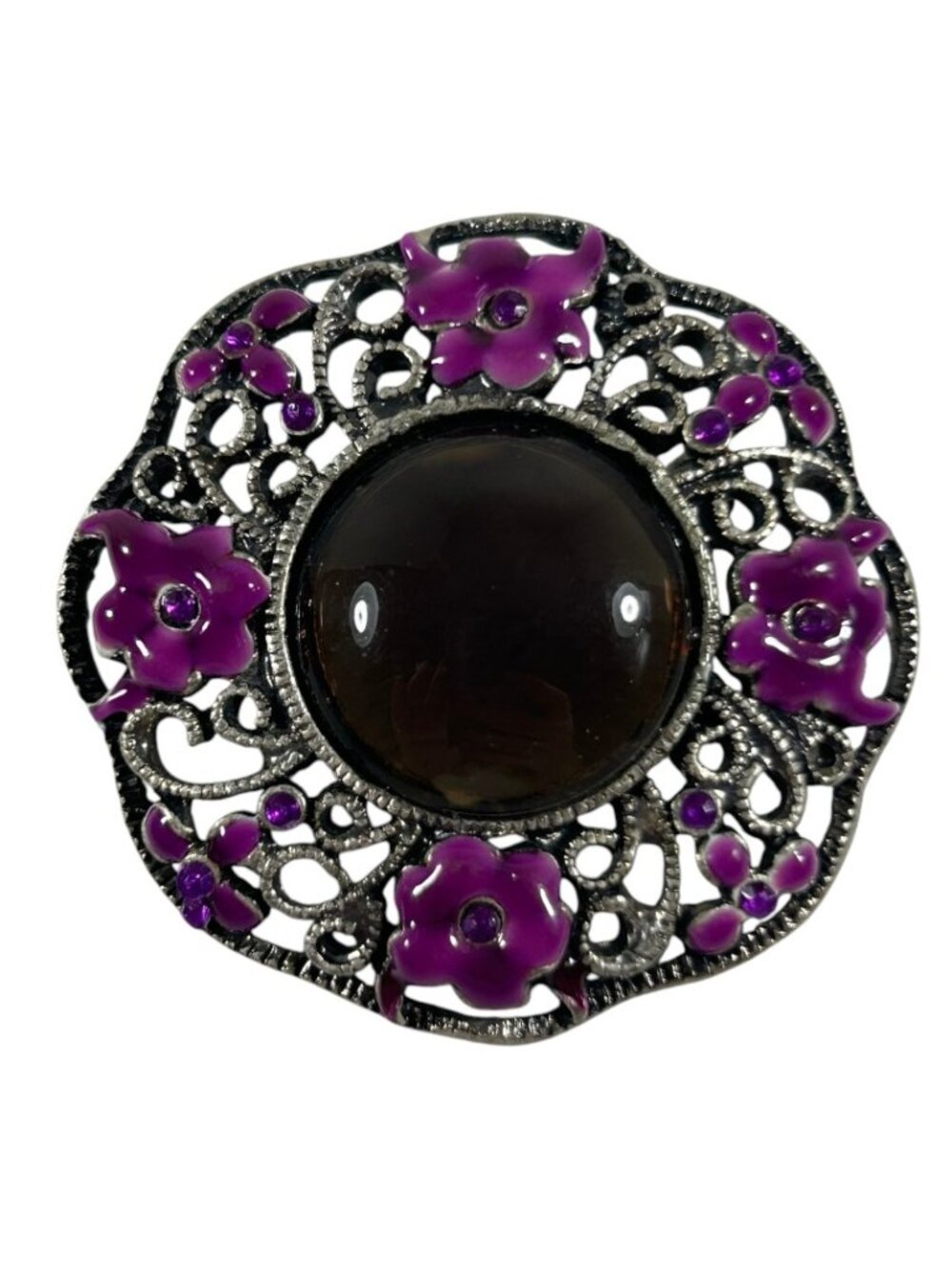 Pink Enamel Floral Brooch Smoky Brown Cabochon Rhinestone Filigree Pin